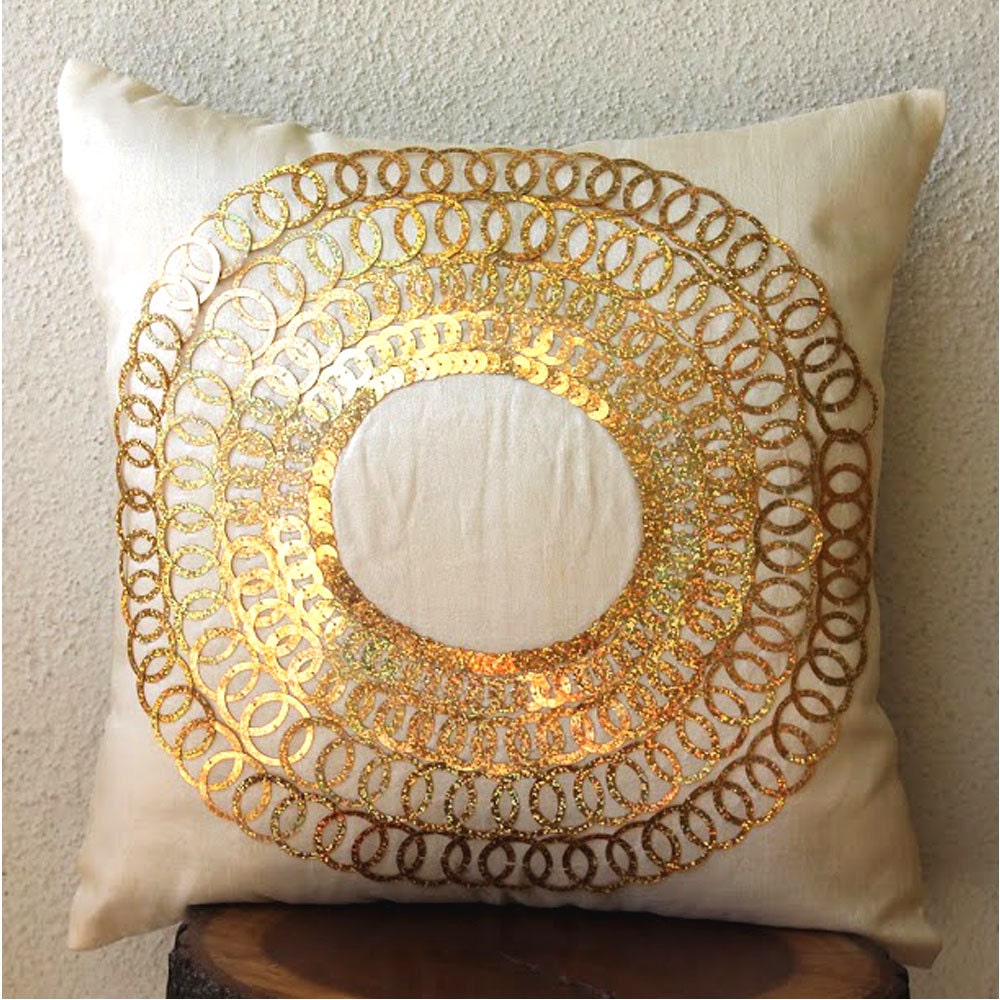 Throw Pillow Covers 16x16 Silk Bead Gold Embroidered Pillow Covers Decorative Couch Toss Sofa Bed Pillow Cases Accent Pillows Gold Discs