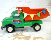 Vintage Dump Truck, TootsieToy Chippy Orange and Mint Green, With Handmade Fabric Bunting BanneR