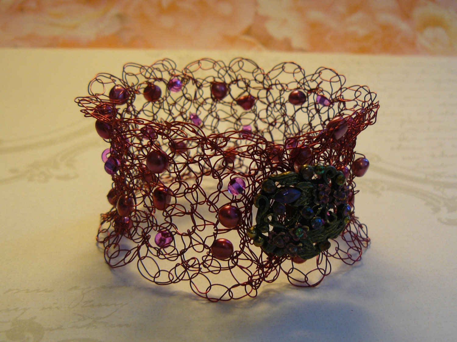Mother's Day Gift - Cerise Red Crocheted Cuff with Pearls and Garden Flowers Button, Gift for Her, Springtime