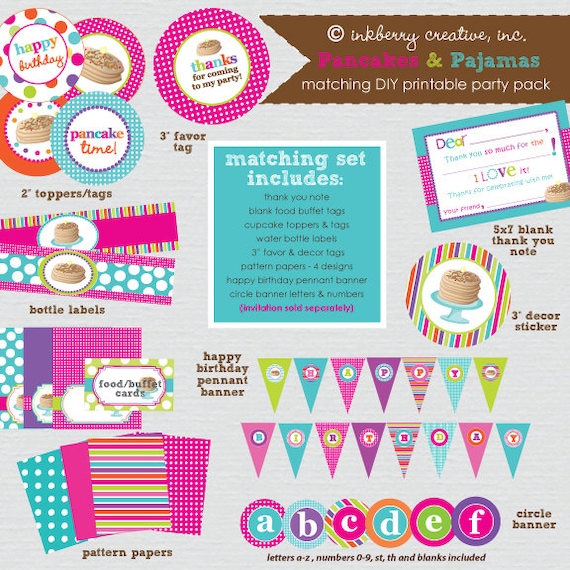 Pancakes & Pajamas Girl (Pink/Aqua/Lime) Birthday Party - DIY/Printable Complete Party Pack Il_570xn