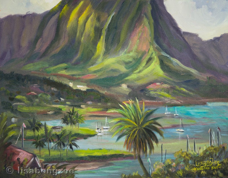 KANEOHE BAY Original Oil Painting 11x14 Art Hawaii Marine Base Beach Oahu Boat Sailboat Koolau Mountain Ocean Palm Tree Harbor
