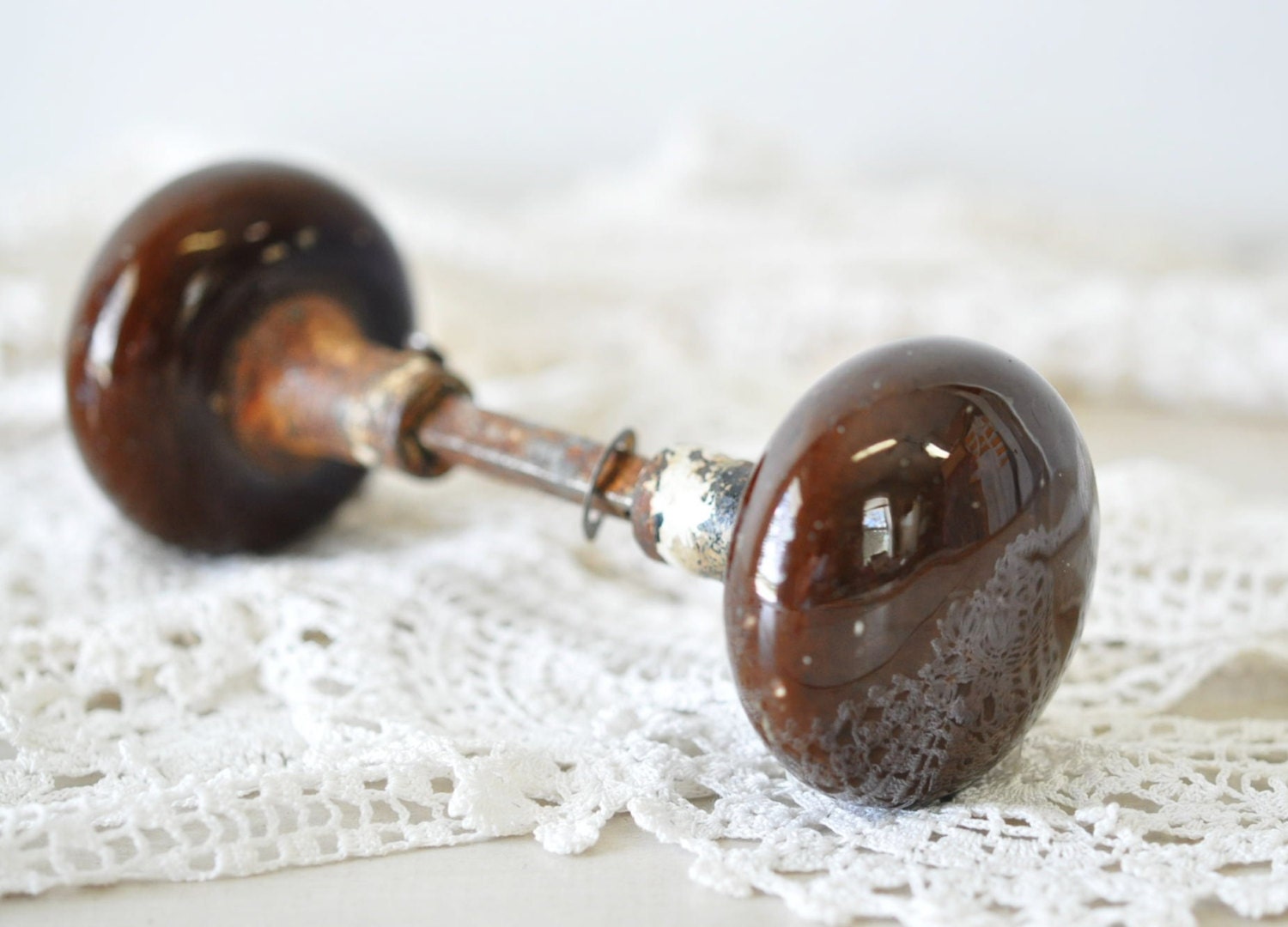 vintage porcelain chocolate brown door knob--early 1800s