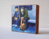 Art Oil Painting New York City Man Subway Rider Mounted PRINT on Redwood Block