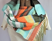 Angie - Handwoven Summer Scarf in Nectarine, Lemon Zest and Sky Blue - Spring Pastel Woven Accessory