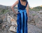 Vintage Blue Velvet Textured Flowers Maxi Gown with Long Satin Ribbon and Slit