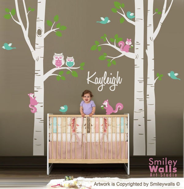 Nursery Wall Decal Birch Trees Forest Animals Kids Personalized Wall Decal Owsl Squirrels Birds Baby Room Art Decor