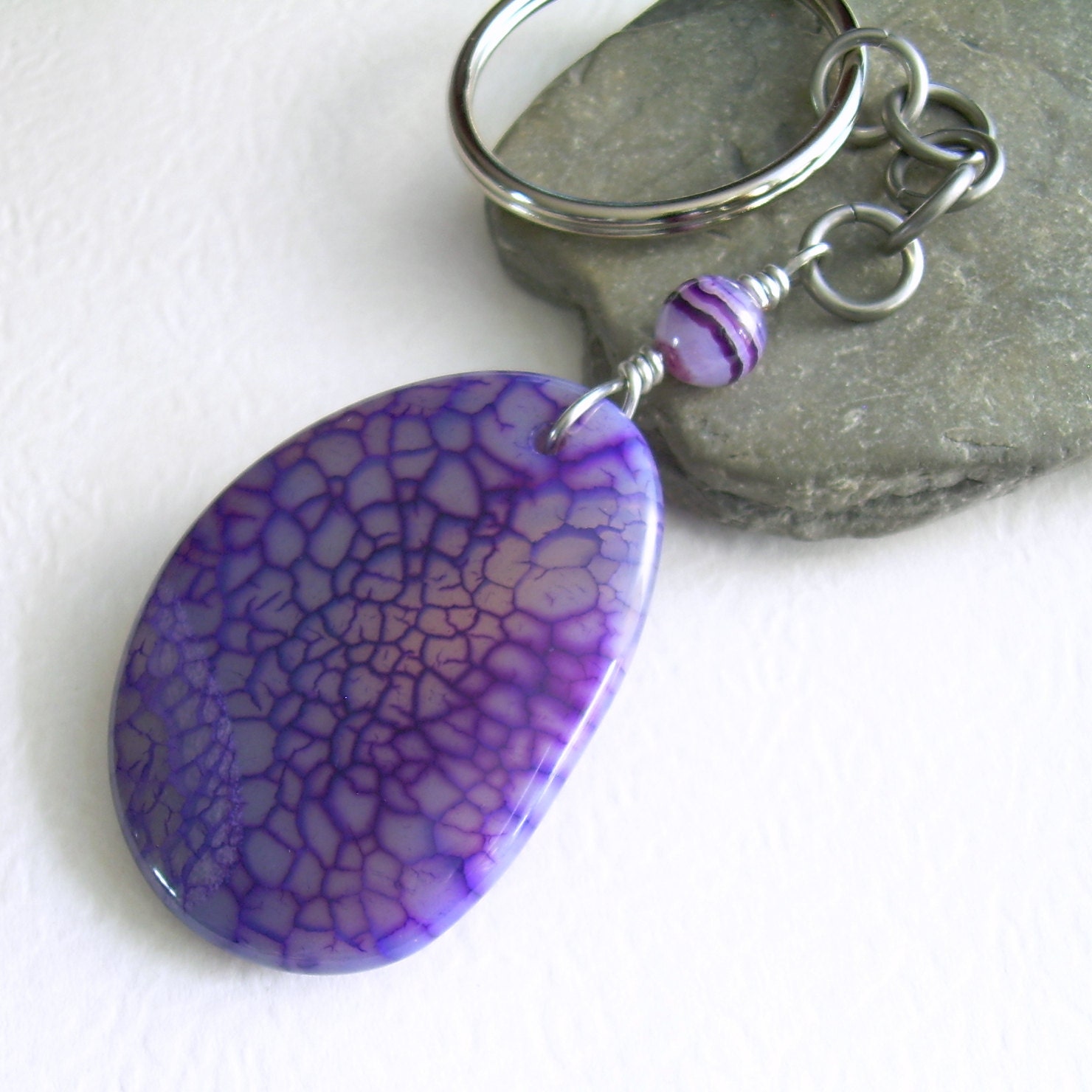 Grape Purple Keychain, Dragon Vein Agate Key Ring, Stone Key Fob