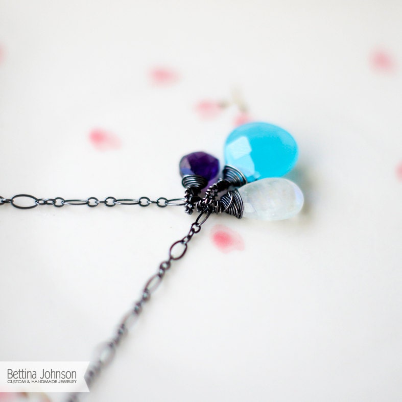 Oxidized Sterling Silver Blue Chalcedony, Moonstone, Amethyst Trio Necklace