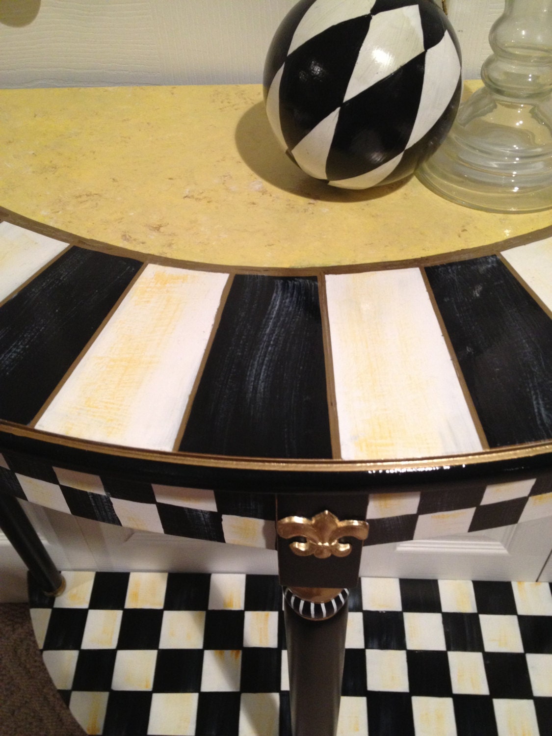 Hand Painted Black and White Checked Half Round Table - Green Gold - Buttercream Gold