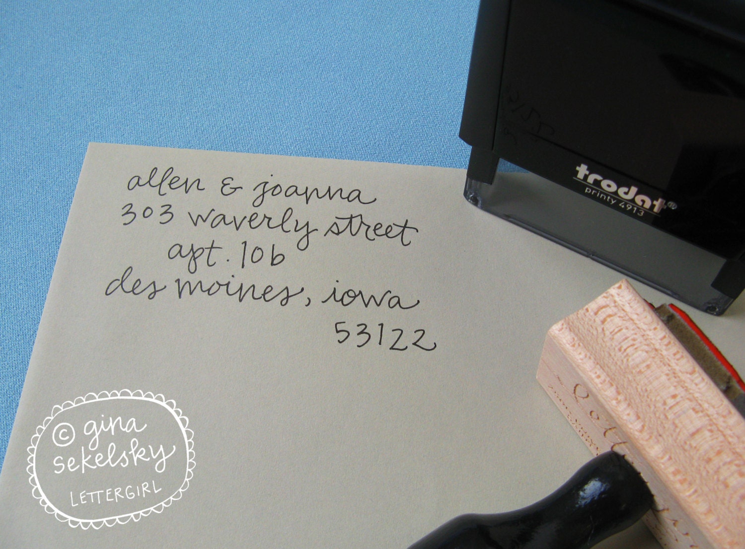 Samuel Handwritten Address Stamp: your choice of self-inking or red rubber