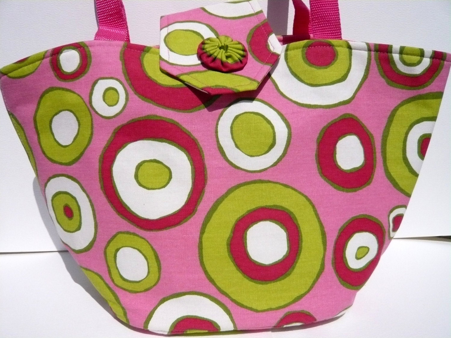Handmade Original Pink Green White Cotton Screenprint Tote Purse