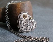 PENDANT sterling silver rustic heart scalloped edge with brown diamond