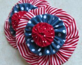 Holiday Patriotic Red White Stripe Blue Polka dot Handmade YO YO  Headband Hairclip embellishments Quilt block applique