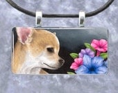 Art Glass Pendant Rectangle Jewelry Necklace 2 bails Dog 77 Chihuahua painting by L.Dumas