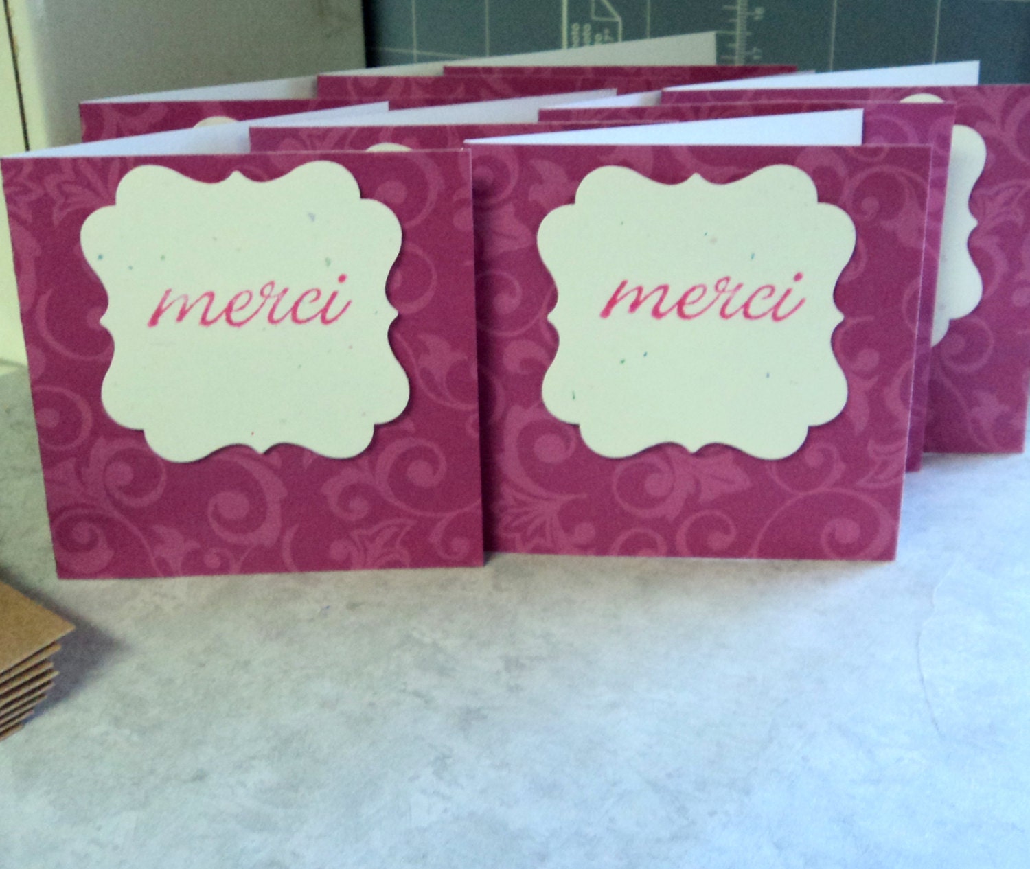 8 Thank You Cards Merci Mini Deep Rose Flourish with Envelopes