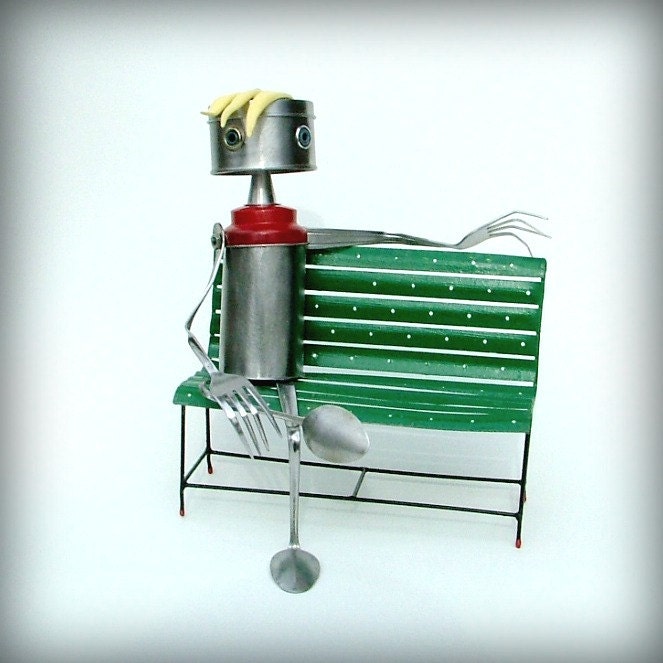 I'm Just Waiting on a Friend - robot sculpture art assemblage - upcycled art