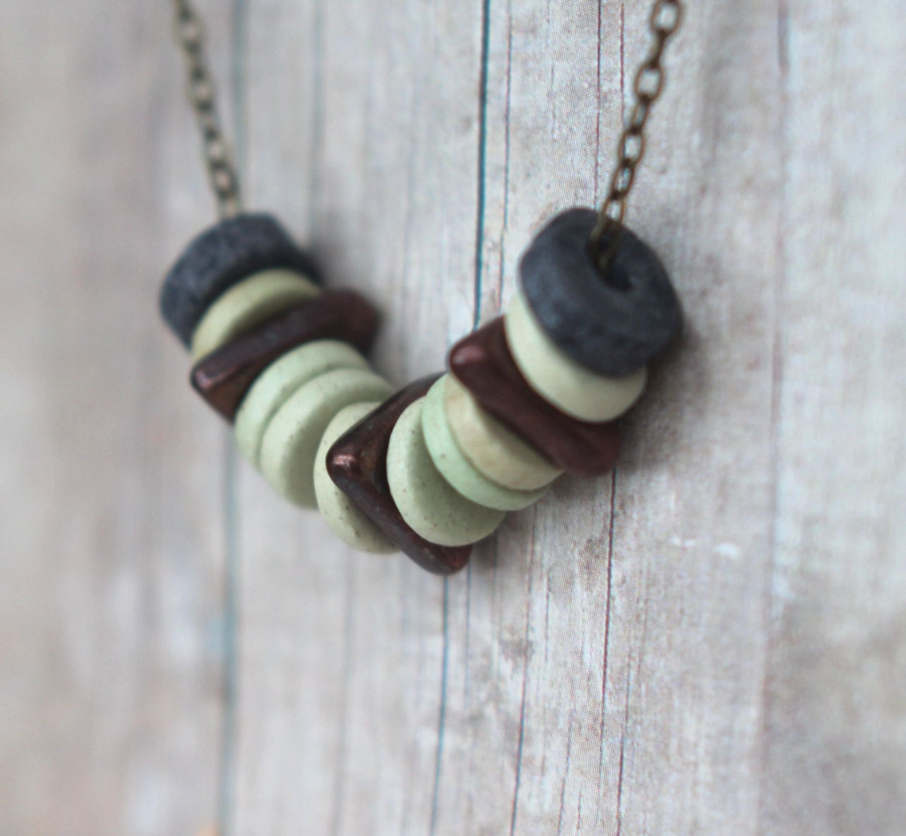Industrial Ceramic Necklace Slate Gray, Pale Mint Celadon Green, Metallic Copper Geometric Triangles - Gift Box