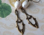 Art Nouveau Earrings with White Freshwater Pearl Dangles - Victorian, Romantic, Feminine Earrings - Wedding, Prom - Gift Box