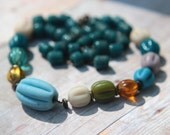 Tribal Glass Bead Rustic Necklace - Teal Emerald Green, Sky Turquoise Blue, Gold, Olive, Cream, Gray, Amber - Gift Box - Summer Fashion