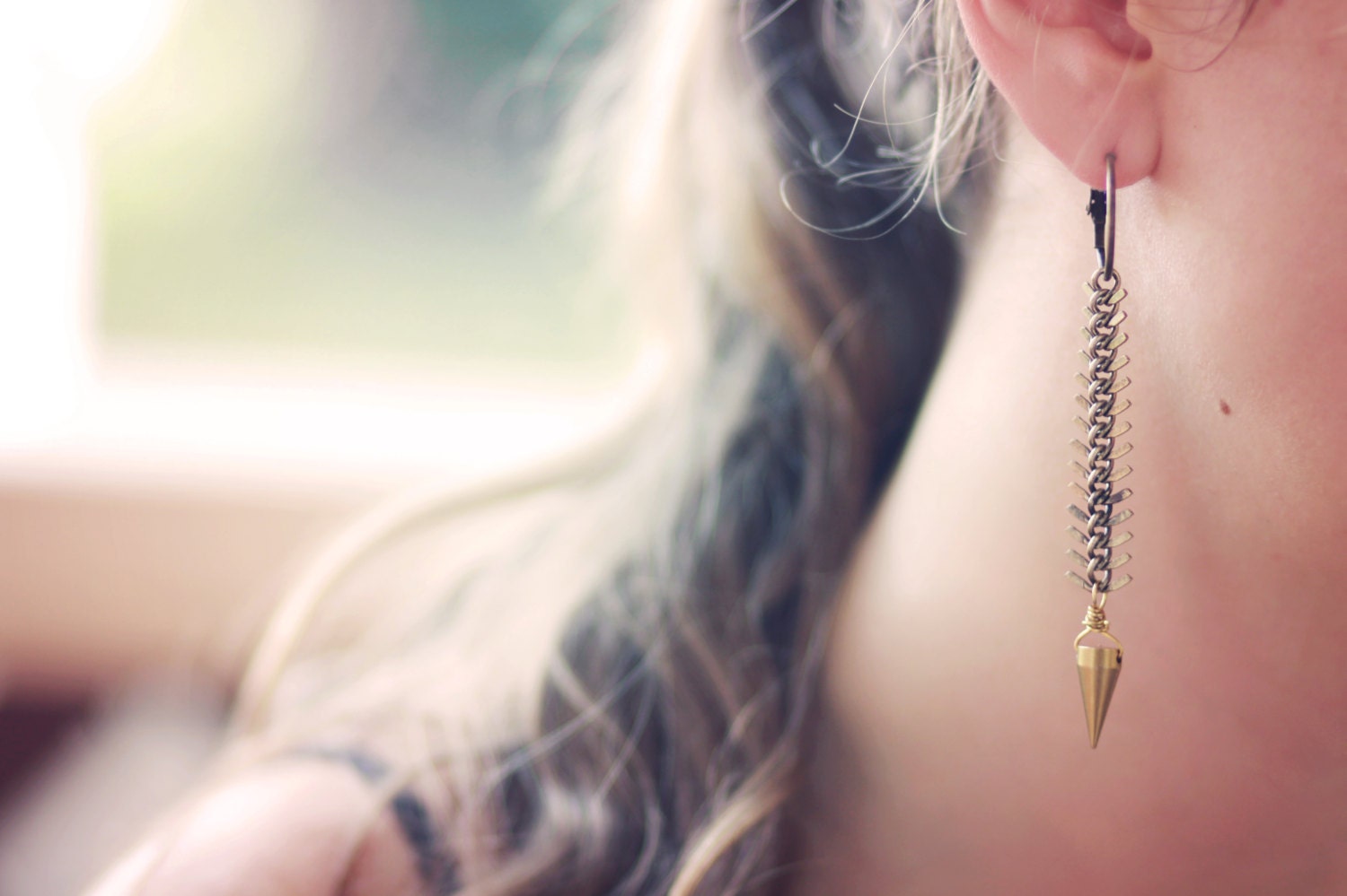 Pendulum Earrings - Brass Spike on Fish Bone Chain Dangles - Tribal, Industrial - Raw Gold Brass - Gift Box