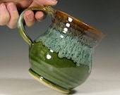 Mug coffee ceramic, glazed in green brown, tea cup, handmade stoneware by hughes pottery