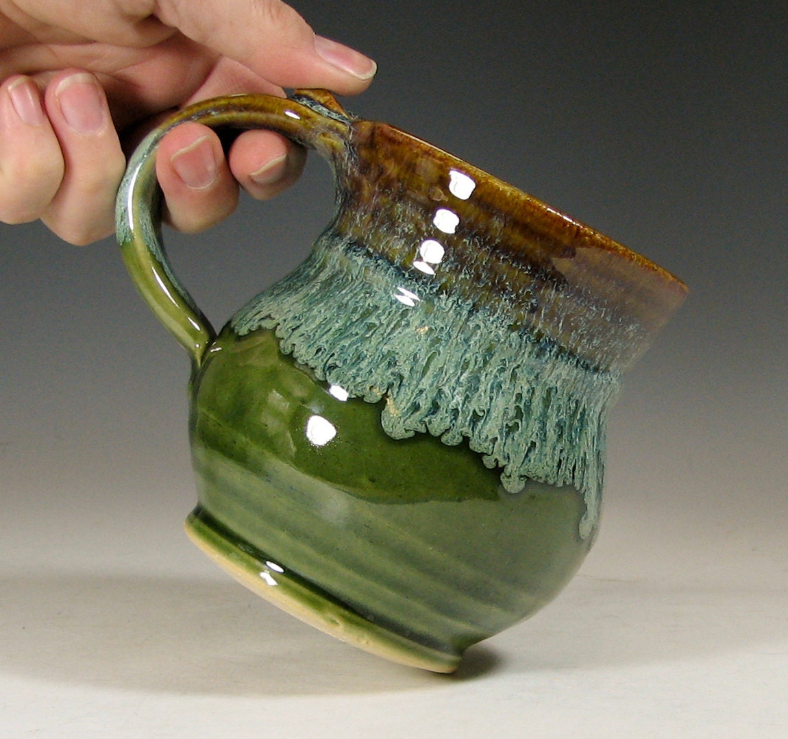 Mug coffee ceramic, glazed in green brown, tea cup, handmade stoneware by hughes pottery