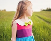 Girls Rainbow  JOY Dress with Peter Pan Collar and Bow Tie... Sizes 12/18M through 14