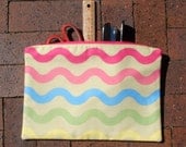 Pencil case zipped pouch wavy lines green cotton large lined travel bag