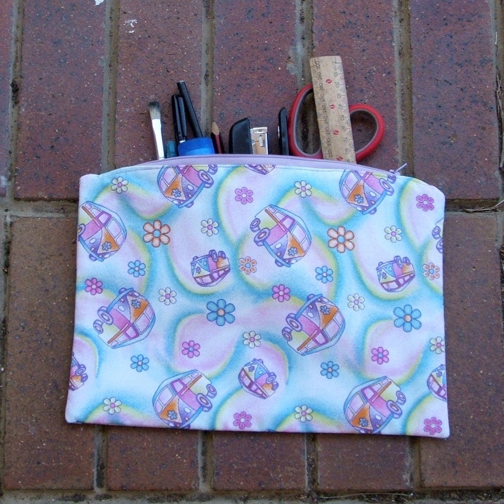 Large pencil case or zipped pouch VW kombi vans flower power pink cotton lined