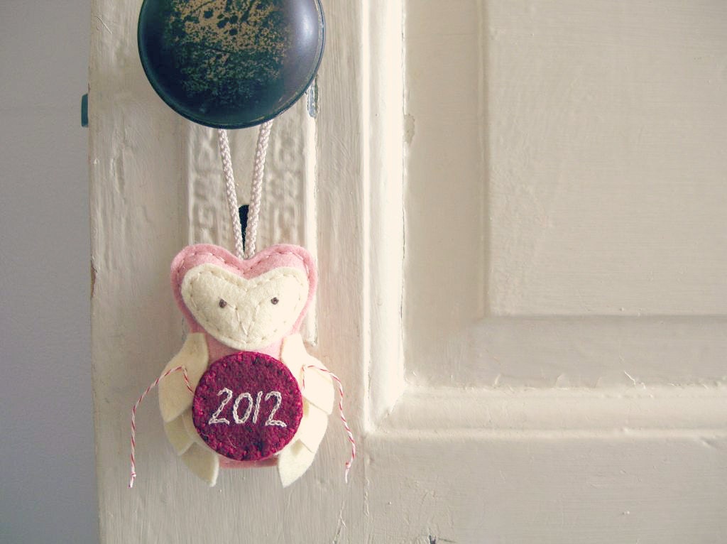 Commemorative Owl Ornament in Felt  // Personalized Year // Peach and Ivory // Custom Door Hanger // by OrdinaryMommy on Etsy