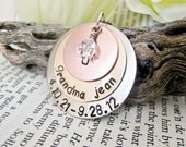 Hand Stamp Memorial Remembrance Necklace - Personalized with Birthstone Charm - Three Discs One Crystal