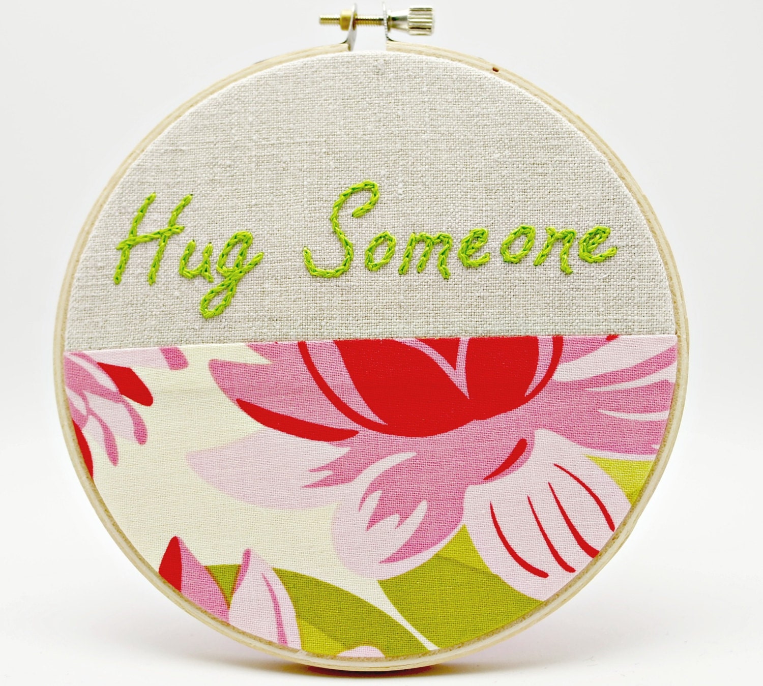 Hoop Art Hand Embroidery Inspirational Quote Words to Live By Natural Linen Floral Fabric Wall Decor