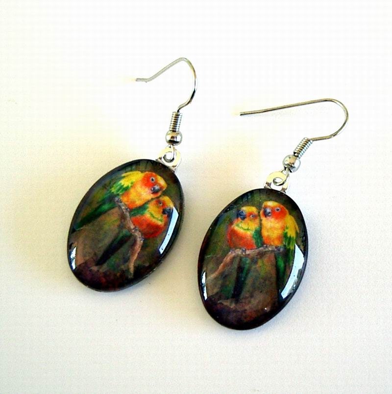Sun Conure Parrot Bird Earrings Oval Art Glass for Parrot Heads