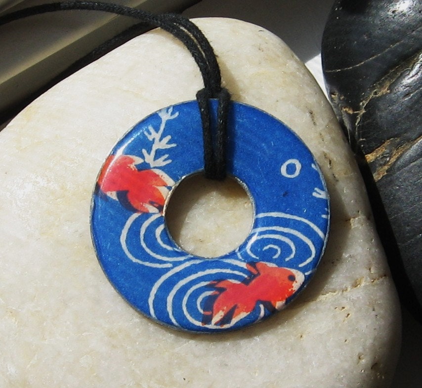 Lovely Orient Coy Pond Fish Upcycled Origami Paper DEEP Blue Design Washer Pendant Necklace Unique Gift