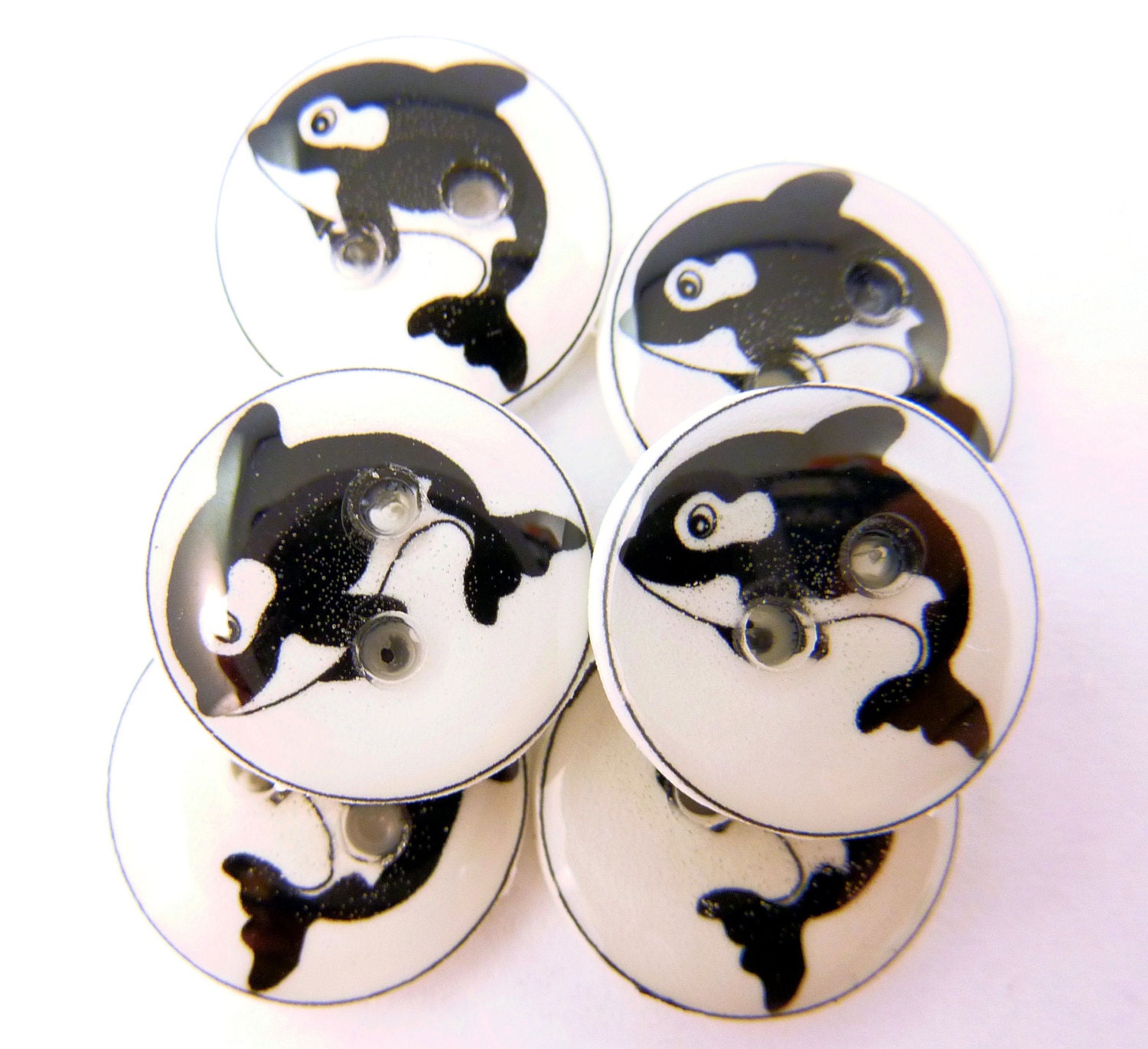 6 SMALL Killer Whale Buttons. Handmade Buttons. Black and White Killer Whale or Orca Buttons. 1/2" or 15 mm.