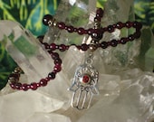 Garnet Mini Rosary Bracelet Sterling Hand of Fatima