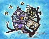 Hal the Cartoon Owl Screen Print HAND COLORED blue sky limited edition Night Book Teddy Bear cute hand pulled Art