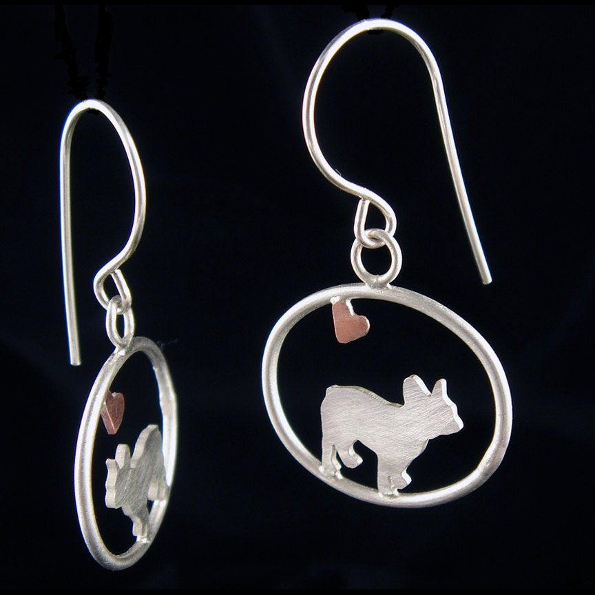 NEW - French Bulldog Sterling Dangle Earrings with Tiny Heart