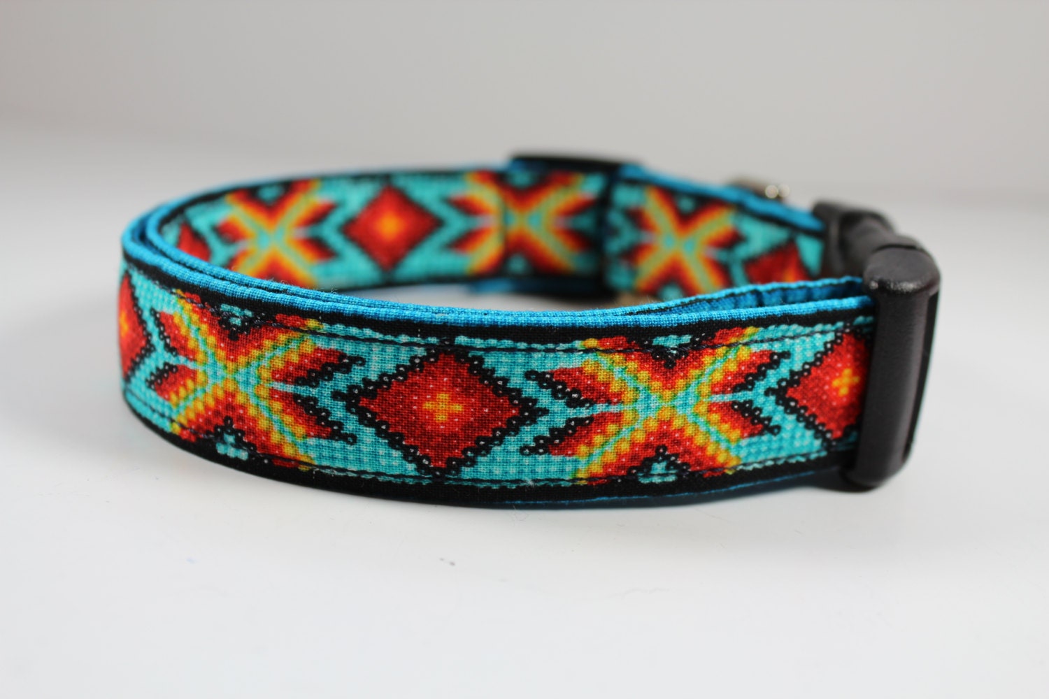 Faux beaded Navajo Spirit dog collar in bold geometric design with turquoise, red and golden yellow
