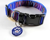 Laser engraved pet identification QR ScanTag and dog collar in Guatemalan woven stripes of royal blue, plum, and yellow