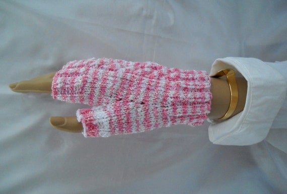 Fingerless Mitts, Gloves with Thumb, Handknit mini cables, Pink and White, 1 Size, Seamless, Vegan