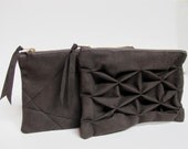 origami clutch, grafic pouch, ultrasuede in greybrown
