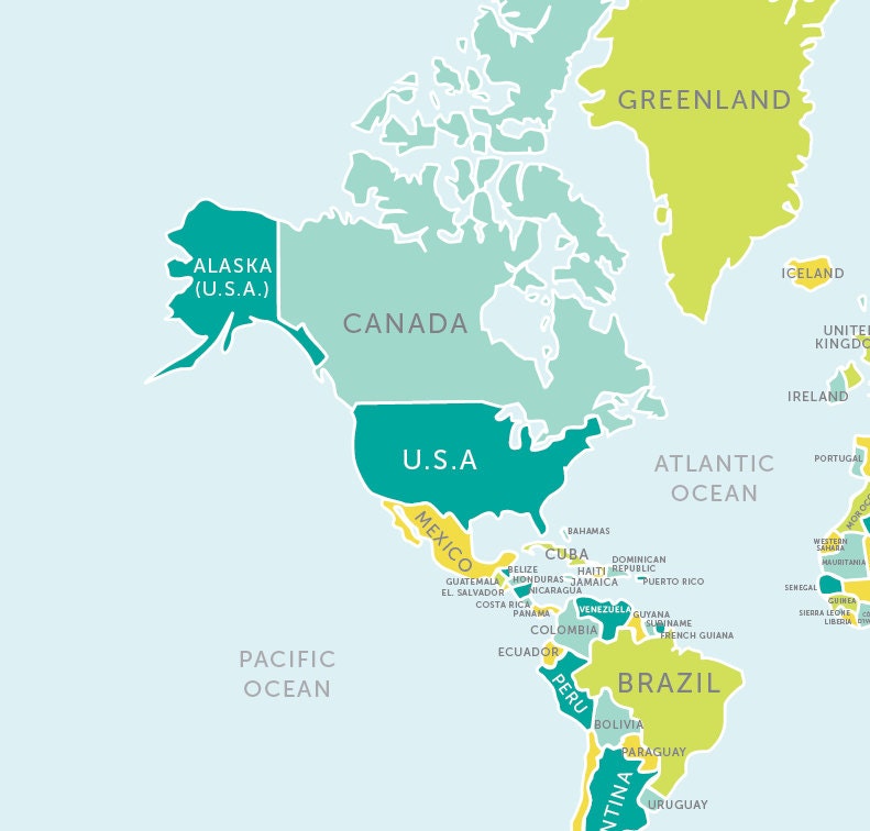 World Map (blues and greens)