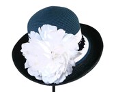Easter Hat, Spring Fashion Hat, Color Block Straw Hat in Navy, White and Cadet Blue is a - "CLASSIC IN STRIPES"