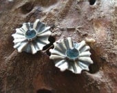 Flower Stud Earrings 3mm London Blue Topaz Cabochon gemstones oxidized sterling silver Gift for Her  girl women Pastel Spring Jewelry