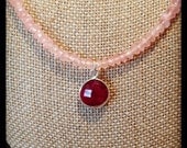 Rose Quartz Necklace with Bezel Set Ruby Drop