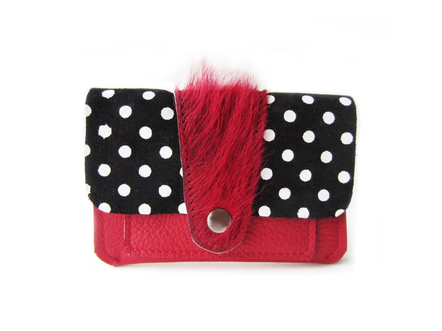 leather wallet red hair dots