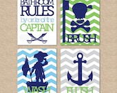 Pirate Bathroom Rules...by order of the Captain...Wash, Brush, Flush // 4 Print Set // Kids Bathroom Giclée Prints, 8x10