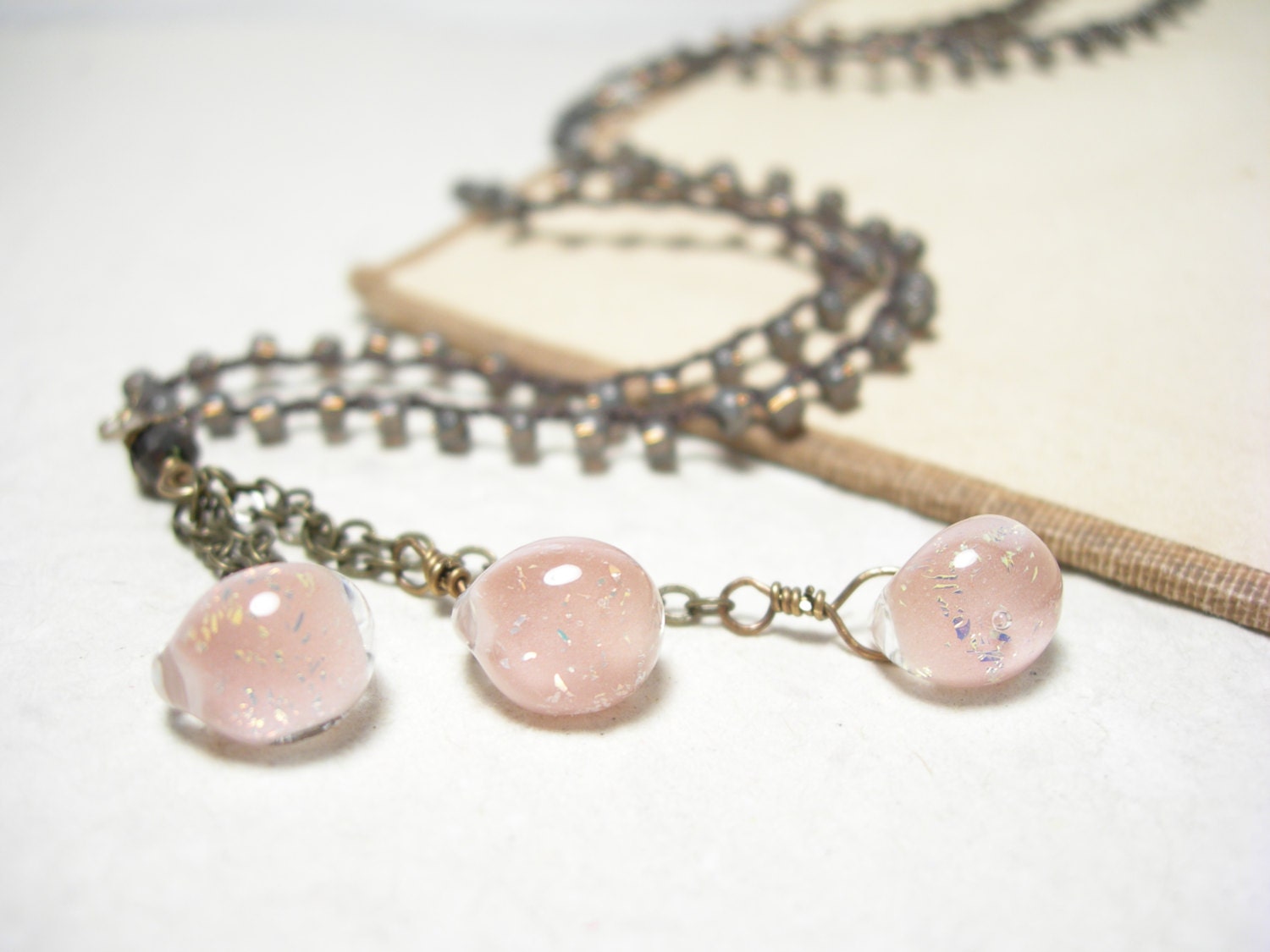 Pink lampwork charmed necklace blush silvery grey glass pamelasjewelry