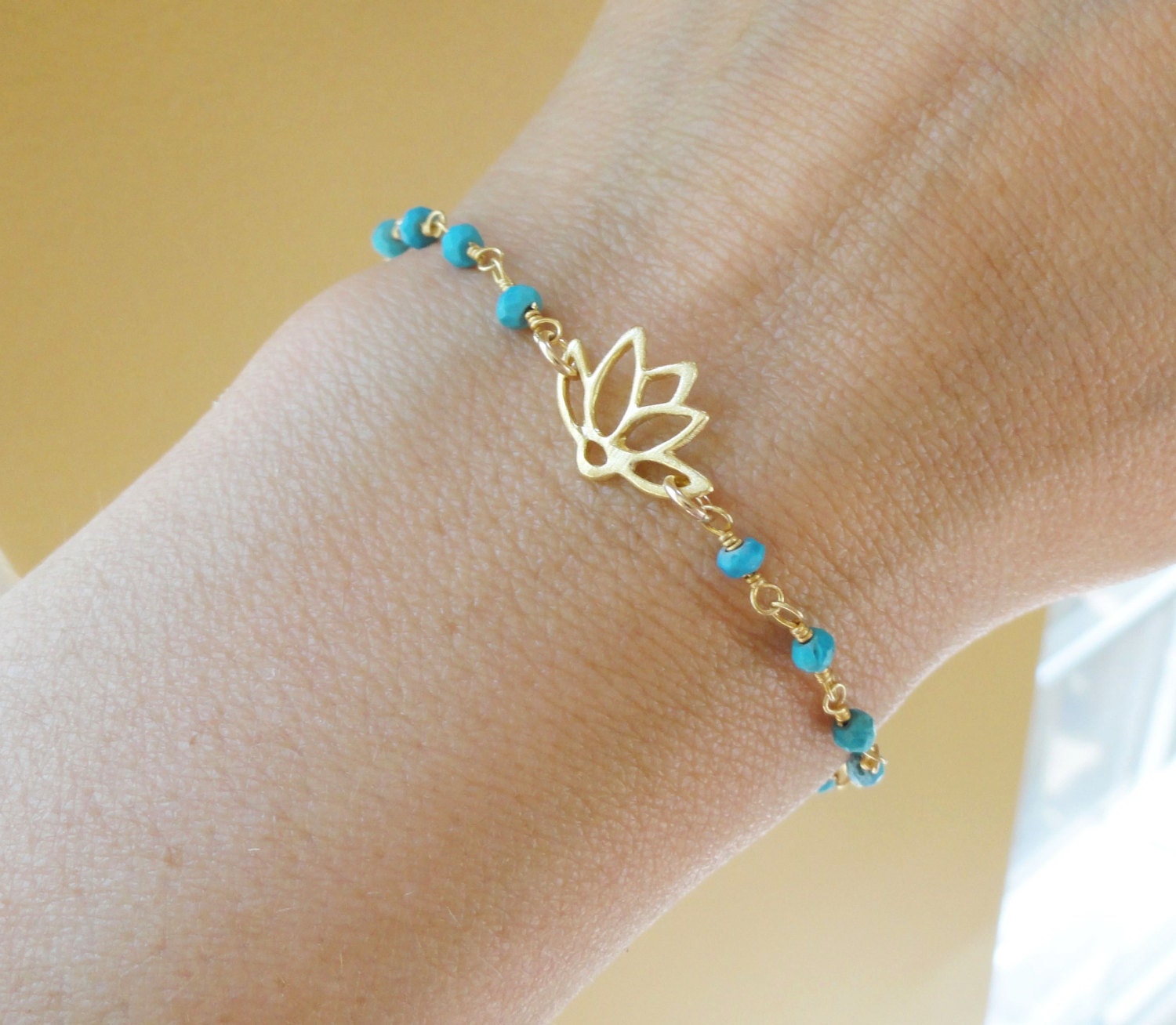 Gold LOTUS Bracelet, Delicate Turquoise Bracelet, Lotus jewelry, yoga bracelet, Zen, minimal gold bracelet
